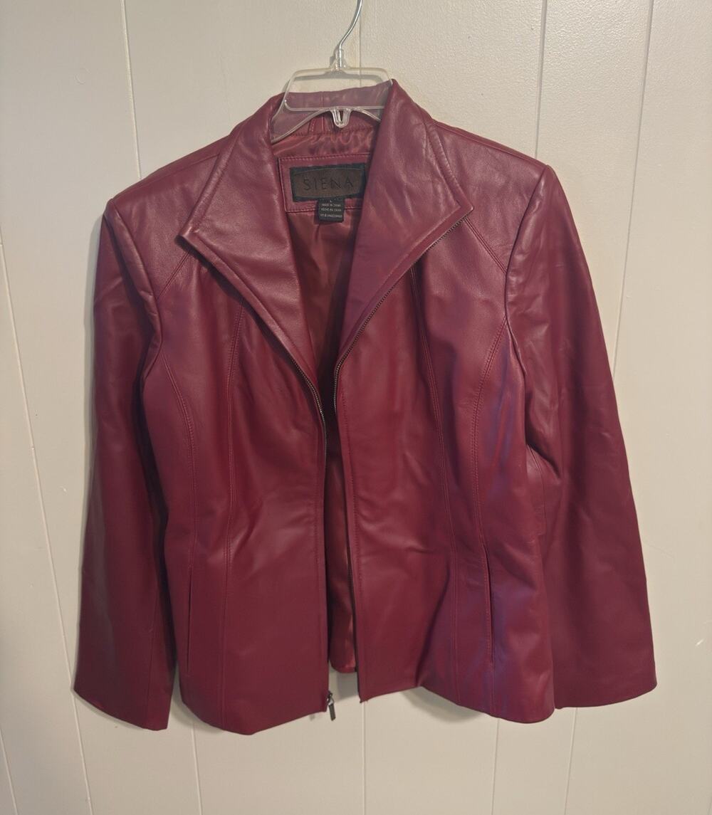 Siena Women’s Burgundy Leather Zip-Front Lined Short Jacket Long Sleeve L